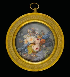 Gemengde Bloemen in een Terracotta Vaas, een Tak van Sering en Twee Vogels (een zittend op een nest) op een Marmeren Plaat